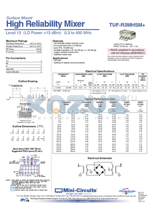 TUF-R3MHSM+ datasheet - High Reliability Mixer Level 13 (LO Power 13 dBm) 0.3 to 400 MHz