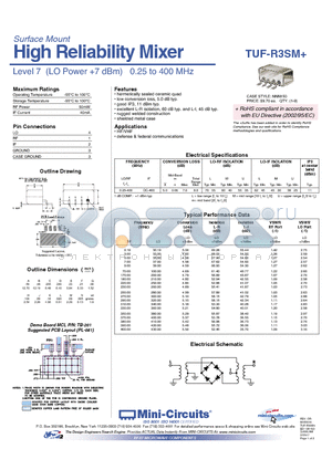 TUF-R3SM datasheet - High Reliability Mixer Level 7 (LO Power 7 dBm) 0.25 to 400 MHz