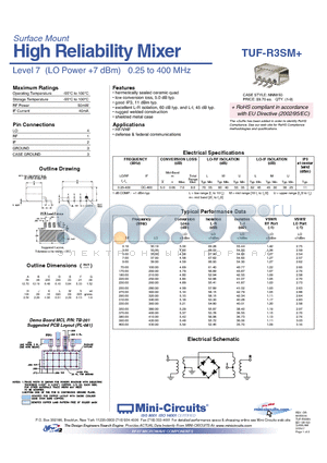 TUF-R3SM+ datasheet - High Reliability Mixer Level 7 (LO Power 7 dBm) 0.25 to 400 MHz