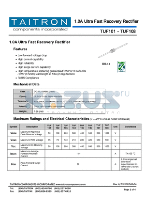 TUF101 datasheet - 1.0A Ultra Fast Recovery Rectifier