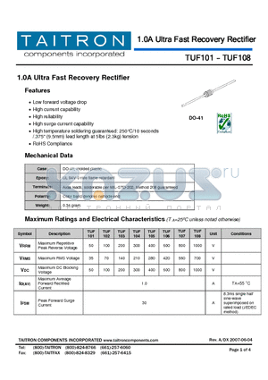 TUF102 datasheet - 1.0A Ultra Fast Recovery Rectifier