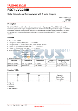 RD74LVC245BFPEL datasheet - Octal Bidirectional Transceivers with 3-state Outputs