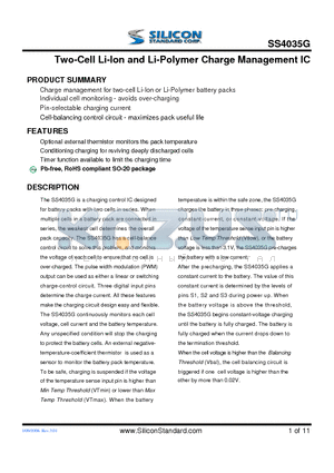 SS4035G datasheet - Two-Cell Li-Ion and Li-Polymer Charge Management IC