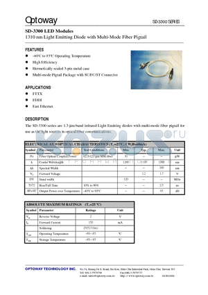 SD-3300-HS datasheet - 1310 nm Light Emitting Diode with Multi-Mode Fiber Pigtail