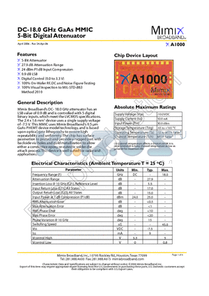 XA1000 datasheet - DC-18.0 GHz GaAs MMIC 5-Bit Digital Attenuator