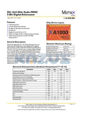 XA1000-BD-000V datasheet - DC-18.0 GHz GaAs MMIC 5-Bit Digital Attenuator