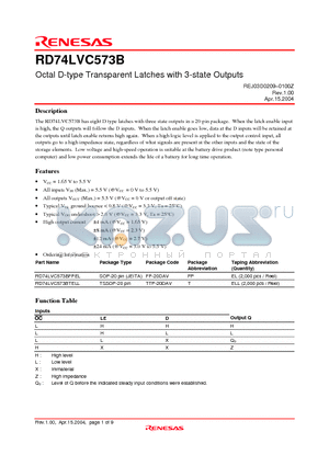 RD74LVC573BFPEL datasheet - Octal D-type Transparent Latches with 3-state Outputs