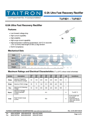 TUF601 datasheet - 6.0A Ultra Fast Recovery Rectifier
