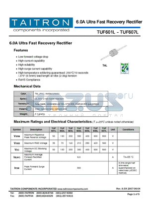 TUF601L datasheet - 6.0A Ultra Fast Recovery Rectifier