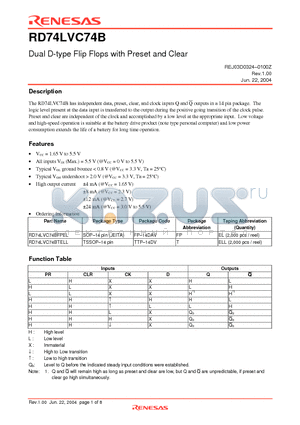 RD74LVC74B datasheet - Dual D-type Flip Flops with Preset and Clear