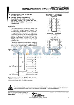 SN54HC4060FK datasheet - 14-STAGE ASYNCHRONOUS BINARY COUNTERS AND OSCILLATORS