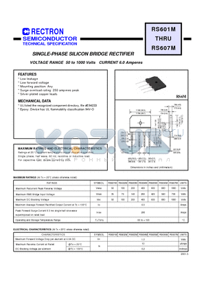 RS605M datasheet - SINGLE-PHASE SILICON BRIDGE RECTIFIER (VOLTAGE RANGE 50 to 1000 Volts CURRENT 6.0 Amperes)