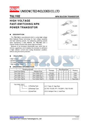 TUL1102 datasheet - HIGH VOLTAGE FAST-SWITCHING NPN POWER TRANSISTOR