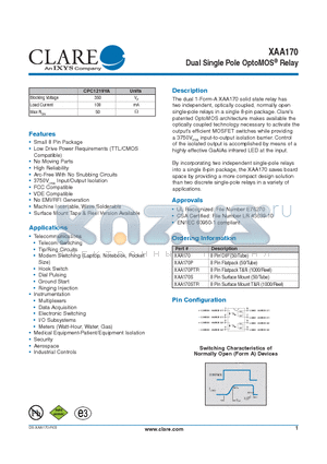 XAA170 datasheet - Dual Single Pole OptoMOS^ Relay
