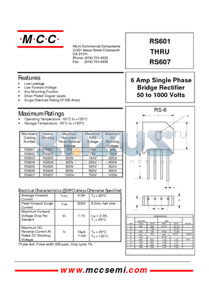 RS606 datasheet - 6 Amp Single Phase Bridge Rectifier 50 to 1000 Volts