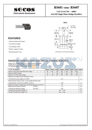 RS606 datasheet - VOLTAGE 50V ~ 1000V 6.0AMP Single Phase Bridge Rectifiers