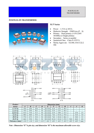 TL77-3F-12 datasheet - PCB PLUG-IN TRANSFORMER