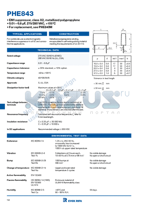 PHE843 datasheet - EMI suppressor, class X2, metallized polypropylene 0.01-6.8 uF, 275/280 VAC, 105C For replacement, see PHE840M