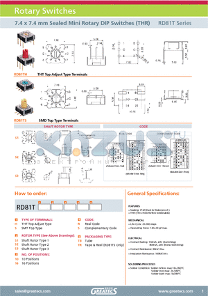 RD81THS110RTR datasheet - 7.4 x 7.4 mm Sealed Mini Rotary DIP Switches (THR)