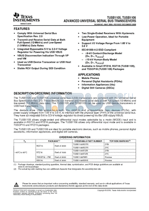 TUSB1105RGTR datasheet - ADVANCED UNIVERSAL SERIAL BUS TRANSCEIVERS