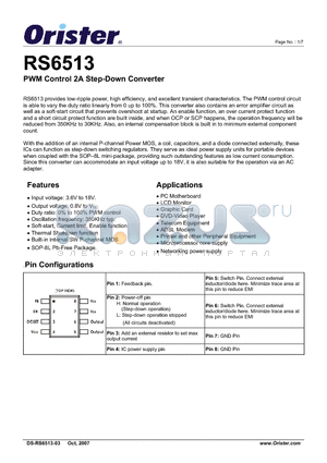 RS6513 datasheet - PWM Control 2A Step-Down Converter