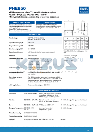 PHE850 datasheet - EMI suppressor, class Y2, metallized polypropylene