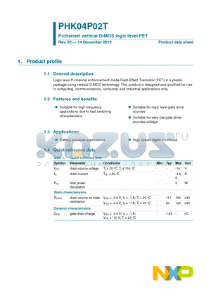 PHK04P02T datasheet - P-channel vertical D-MOS logic level FET Battery powered applications