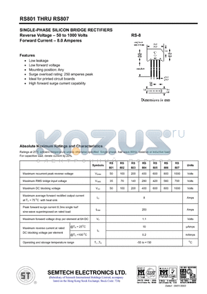 RS801 datasheet - SINGLE-PHASE SILICON BRIDGE RECTIFIERS