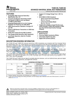 TUSB1105RTZR datasheet - ADVANCED UNIVERSAL SERIAL BUS TRANSCEIVERS