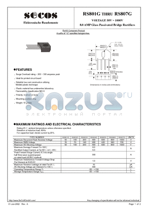 RS801G datasheet - VOLTAGE 50V ~ 1000V 8.0 AMP Glass Passivated Bridge Rectifiers