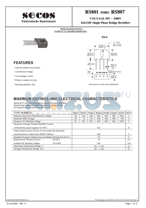 RS802 datasheet - VOLTAGE 50V ~ 1000V 8.0AMP Single Phase Bridge Rectifiers