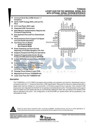 TUSB2043 datasheet - 4-PORT HUB FOR THE UNIVERSAL SERIAL BUS WITH OPTIONAL SERIAL EEPROM INTERFACE