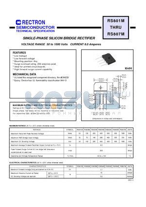 RS804M datasheet - SINGLE-PHASE SILICON BRIDGE RECTIFIER (VOLTAGE RANGE 50 to 1000 Volts CURRENT 8.0 Amperes)