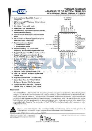 TUSB2046BVFR datasheet - 4-PORT HUB FOR THE UNIVERSAL SERIAL BUS WITH OPTIONAL SERIAL EEPROM INTERFACE