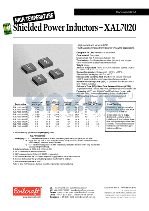XAL7020 datasheet - High Temperature Shielded Power Inductors