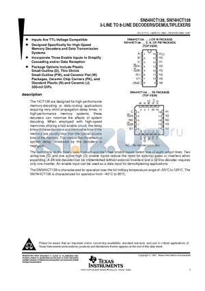SN54HCT138 datasheet - 3-LINE TO 8-LINE DECODERS/DEMULTIPLEXERS