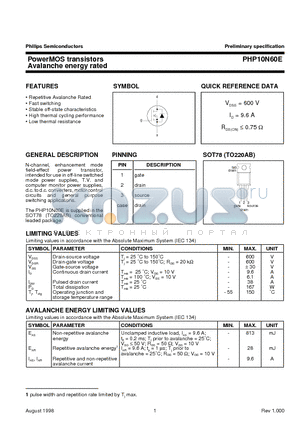 PHP10N60E datasheet - PowerMOS transistors Avalanche energy rated