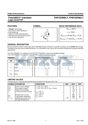 PHP125N06LT datasheet - TrenchMOS transistor Logic level FET