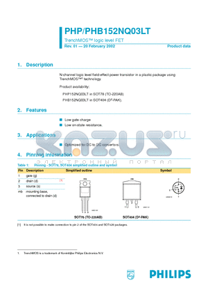 PHP152NQ03LT datasheet - TrenchMOS logic level FET