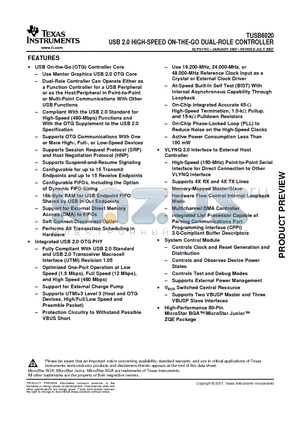 TUSB6020ZQE datasheet - USB 2.0 HIGH-SPEED ON-THE-GO DUAL-ROLE CONTROLLER