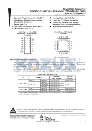 SN54HCT257 datasheet - QUADRUPLE 2 LINE TO 1 LINE DATA SELECTORS/ MULTIPLEXERS WITH 3 STATE OUTPUTS