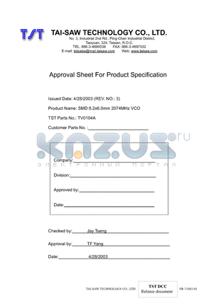 TV0104A datasheet - SMD 8.2x6.0mm 2074MHz VCO