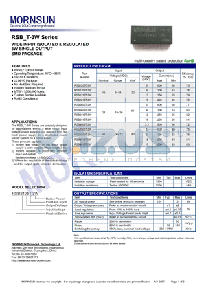 RSB1209T-3W datasheet - 3W SINGLE OUTPUT SMD PACKAGE