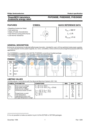 PHP2N50E datasheet - PowerMOS transistors Avalanche energy rated