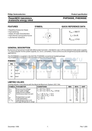 PHP3N50E datasheet - PowerMOS transistors Avalanche energy rated