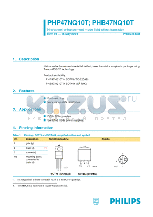 PHP47NQ10T datasheet - N-channel enhancement mode field-effect transistor