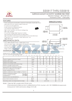 SS5817 datasheet - SURFACE MOUNT SCHOTTKY BARRIER RECTIFIER Reverse Voltage - 20 to 40 Volts Forward Current - 1.0Ampere