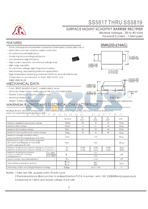 SS5818 datasheet - SURFACE MOUNT SCHOTTKY BARRIER RECTIFIER Reverse Voltage - 20 to 40 Volts Forward Current - 1.0Ampere