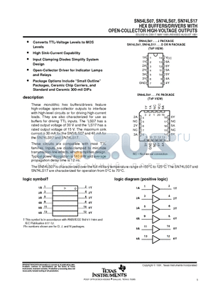 SN54LS07 datasheet - HEX BUFFERS/DRIVERS WITH OPEN-COLLECTOR HIGH-VOLTAGE OUTPUTS