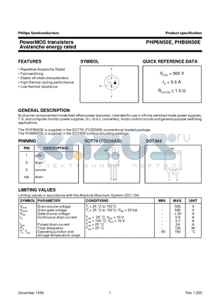 PHP6N50E datasheet - PowerMOS transistors Avalanche energy rated